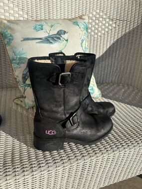 UGG Black Suede Buckle Mid-Calf Shearling Boots